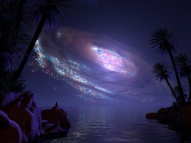 دانلود والپیپر Digital Discovery Digital Digital Artwork رندر طبیعت چشم انداز انتزاعی شب درختان نخل دریا منظره شبانه کهکشان ستاره ها