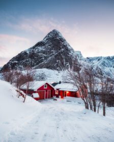 دانلود عکس خانه قرمز با درخت خشک در کوه در زمستان