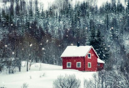 دانلود عکس خانه قرمز با بارش برف در جنگل کاج