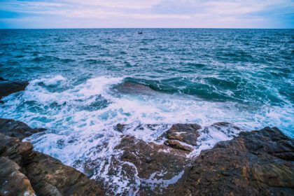 دانلود عکس اقیانوس دریا با موج صاف و منظره صخره ای با آسمان آبی