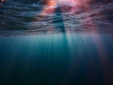 دانلود عکس نمای زیر آب از سطح رنگارنگ و اشعه خورشید