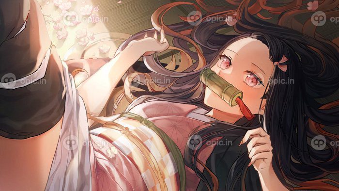 دانلود والپیپرهای Kimetsu no Yaiba انیمه آثار هنری دیجیتال انیمه دخترانه Nezuko چشمان صورتی که به بیننده نگاه می کنند موهای مشکی سبزه مو بلند کامادو نزوکو