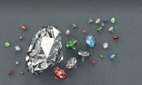 دانلود عکس الماس چند رنگ روی سطح چرم از رندر سه بعدی