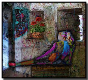 دانلود والپیپر نقاشی زنانه گل پنجره کولاژ سبز زرد آبی شیشه ای یاسی یاسی رنگ ART تصاویر رنگ اکریلیک هنر مدرن