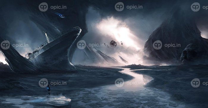 دانلود والپیپرهای علمی تخیلی هنر دیجیتال نقاشی دیجیتال کشتی فضایی دریا صورت جمجمه