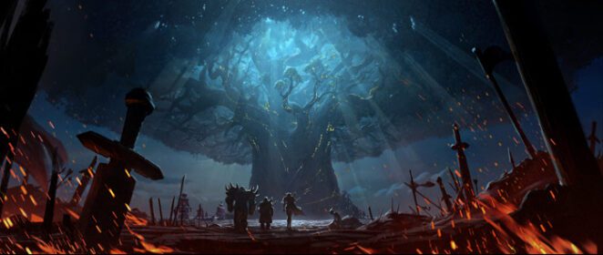 دانلود والپیپرهای World of Warcraft Battle for Azeroth بازی های ویدئویی Warcraft Alliance Teldrassil درختان شمشیر آتش World of Warcraft الف انبوهی از کشتی بادبانی هنر دیجیتال آثار هنری منظره نبرد Blizzard Entertainment هنر فانتزی ()