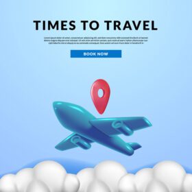 پوستر هواپیمای سه بعدی آبی در آسمان آبی برای پوستر مسافرتی