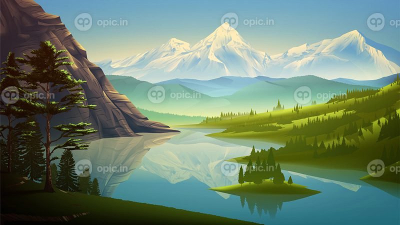 وکتور نمای دریاچه با کوه های برفی زیبا