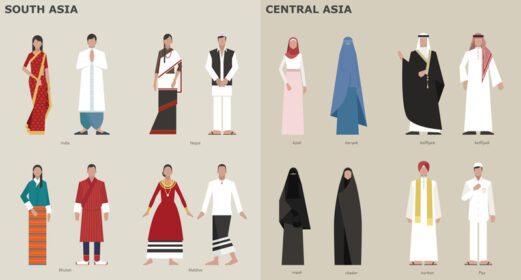 وکتور مجموعه ای از لباس های سنتی بر اساس کشور آسیای مرکزی تصاویر طراحی وکتور