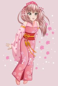 وکتور انیمه دختر ژاپنی مو بلند صورتی زیبا با کیمونوی صورتی با شکوفه های گیلاس