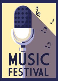 وکتور جشنواره موسیقی پوستر با میکروفون و نت های موسیقی در پس زمینه زرد