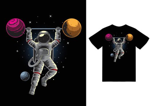 وکتور وزنه برداری فضانورد در تصویر فضا با تی شرت