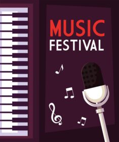 وکتور جشنواره موسیقی پوستر با میکروفون پیانو و نت های موسیقی