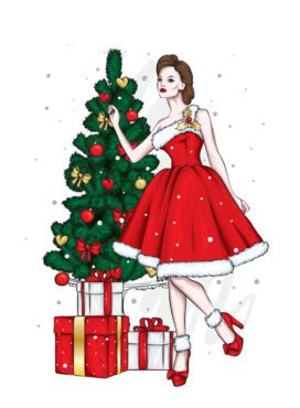 وکتور دختر زیبا با لباس های شیک و درخت کریسمس جدید