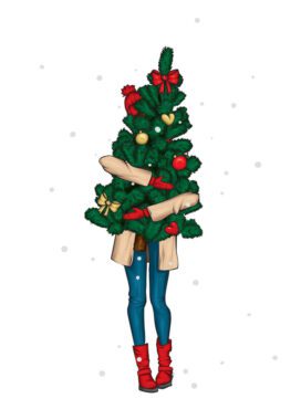 وکتور دختر زیبا با لباس های شیک و درخت کریسمس جدید