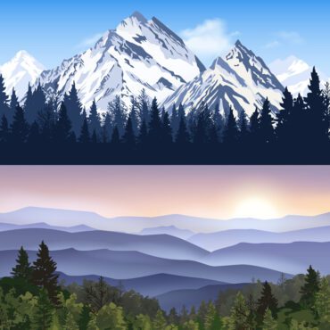 مجموعه بنرهای وکتور منظره با کوه های زمستانی و کوه های جنگلی با تصویر برداری مه طلوع آفتاب