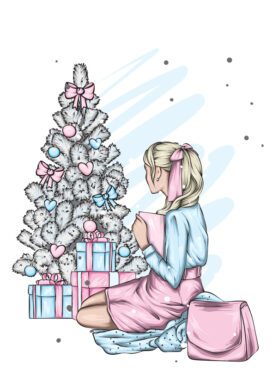 وکتور دختر زیبا با لباس های شیک و درخت کریسمس