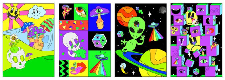 پوستر مجموعه ای از پوسترهای روانگردان با قارچ های فضایی دیوانه