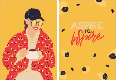 پوستر یک دختر جوان با کت و کلاه در حال نوشیدن قهوه انگیزشی است
