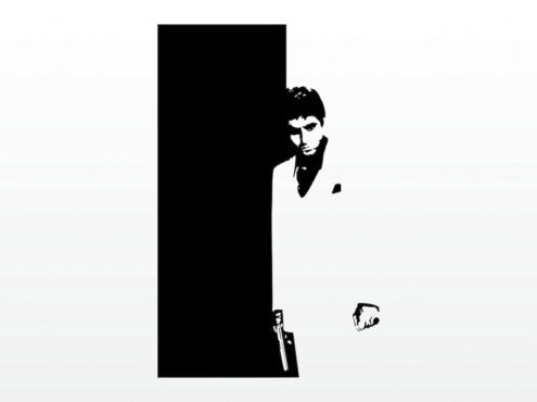 پوستر فیلم برداری برای فیلم معروف صورت زخمی تصویر سیاه و سفید تونی مونتانا که پوستری با فرمت وکتور اسلحه در دست دارد برای همه شخصیت های هنری سینما قهرمان جنایت مواد مخدر جنایی یا کوکائین