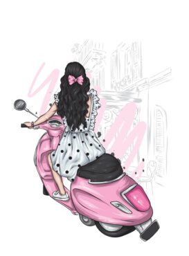 وکتور دختر زیبا با لباس های شیک بر روی لباس و لوازم جانبی مد و سبک موتور سیکلت قدیمی
