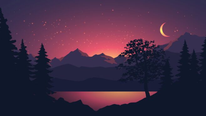 وکتور منظره شب زیبا با کوه و دریاچه