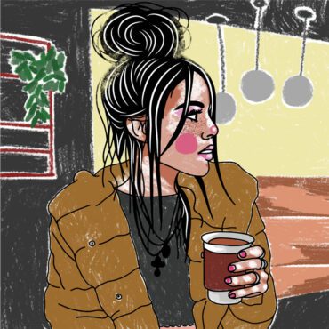 وکتور دختر زیبا با مدل موی شیک و یک فنجان قهوه