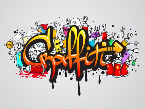 وکتور هنر گرافیتی تزئینی با اسپری رنگ حروف و کاراکترها تصویر برداری ترکیب اثر هنری دیوار انتزاعی