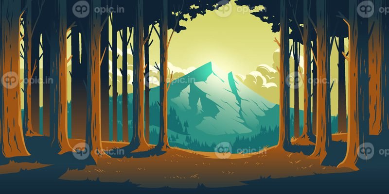 وکتور کارتونی منظره طبیعت با کوه و جنگل