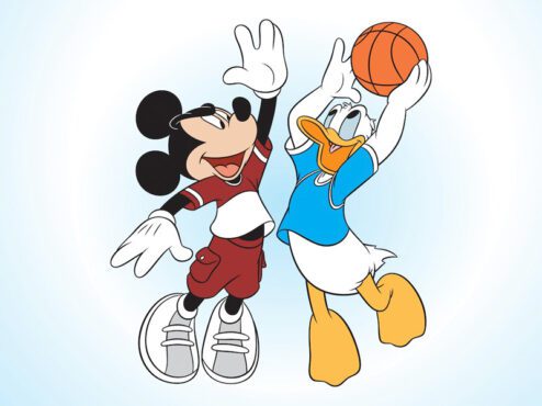 وکتور خنده دار و رنگارنگ وکتور دو شخصیت کارتونی معروف میکی موس و اردک دونالد در حال بازی بسکتبال هستند دونالد توپ را دارد و میکی می پرد و سعی می کند آن را از او بگیرد.