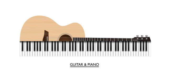 وکتور گیتار آکوستیک و کلیدهای پیانو تصویر برداری ابزار موسیقی انتزاعی