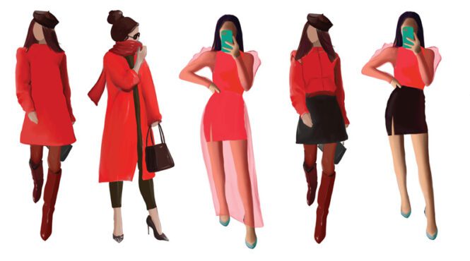 گروه وکتور زنان با لباس های مد روز در مد رنگ قرمز