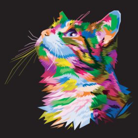 گربه بامزه رنگارنگ در زمینه مشکی ایزوله سبک پاپ آرت