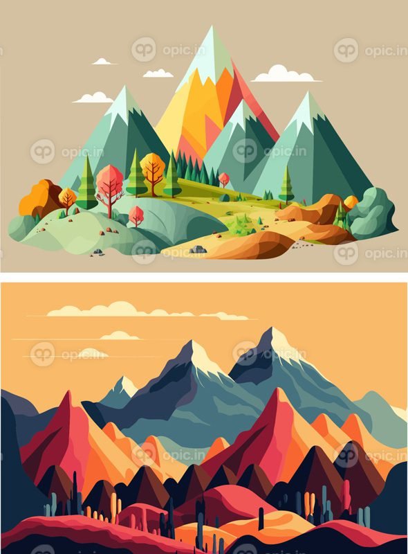 تصویر برداری کوه های سنگی بر روی کوه های رودخانه بالا