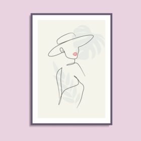 پوستر انتزاعی زن در صورت و بدن دختر کلاهی با هنر خط کلاه