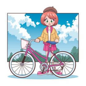 وکتور دختر نوجوان زیبا در شخصیت انیمه دوچرخه در منظره