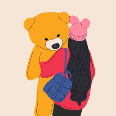 وکتور زن زیبا در آغوش یک دختر مد عروسک عروسک خرس عروسکی غول پیکر