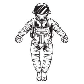 وکتور فضانورد مرد فضایی در حال پرواز با دست سیاه و سفید