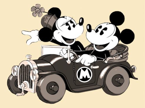 وکتور شخصیت های کارتونی قدیمی فیلم وکتور میکی و مینی موس سوار بر ماشین یکپارچهسازی با رنگ قهوه ای تصویر از شخصیت های متحرک نمادین موش های نر و ماده سوار بر ماشین با حرف