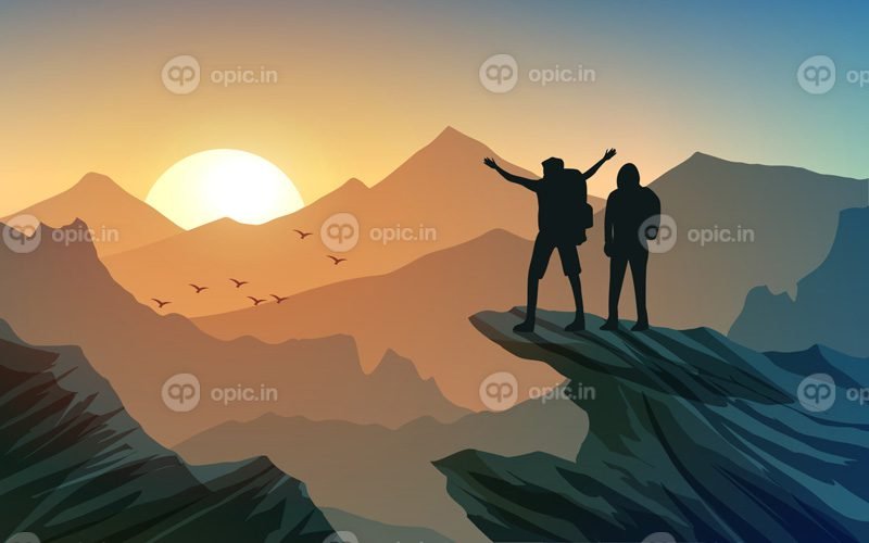 وکتور مناظر کوه در غروب آفتاب با مردان