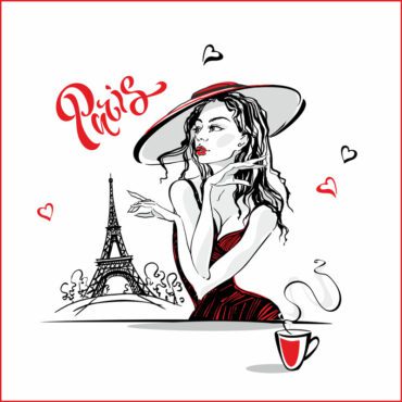 وکتور دختر کلاهی در حال نوشیدن قهوه مدل مد در پاریس برج ایفل ترکیب رمانتیک مدل زیبا در تعطیلات صنعت گردشگری وکتور