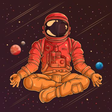 وکتور فضانورد قدیمی با لباس فضایی در حال انجام یوگا