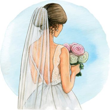وکتور آبرنگ تصویر عروس لباس مجلسی و حجاب سفید
