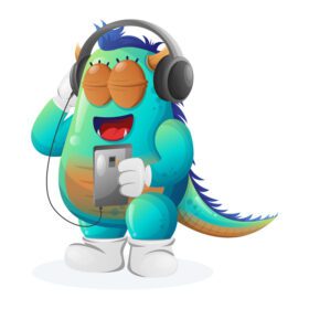 وکتور هیولای آبی ناز در حال گوش دادن به موسیقی در تلفن هوشمند با استفاده از یک