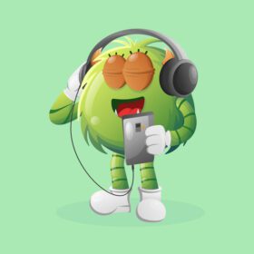 وکتور هیولای سبز ناز در حال گوش دادن به موسیقی در تلفن هوشمند با استفاده از یک