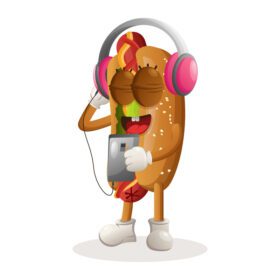 وکتور طلسم هات داگ زیبا در حال گوش دادن به موسیقی در گوشی هوشمند با استفاده از یک