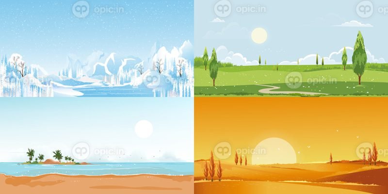 مجموعه وکتور منظره چهار فصل برای زمستان بهار تابستان و