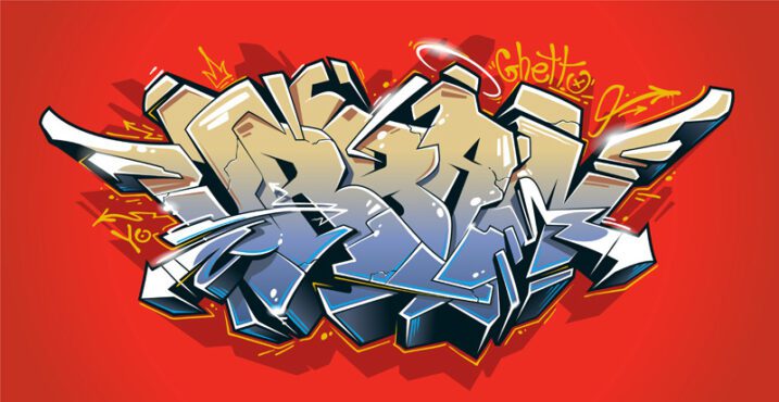 وکتور بلوک‌های سه بعدی گرافیتی به سبک وحشی شهری با رنگ‌های شاداب در پس‌زمینه قرمز هنر خیابانی با حروف گرافیتی هنر وکتور