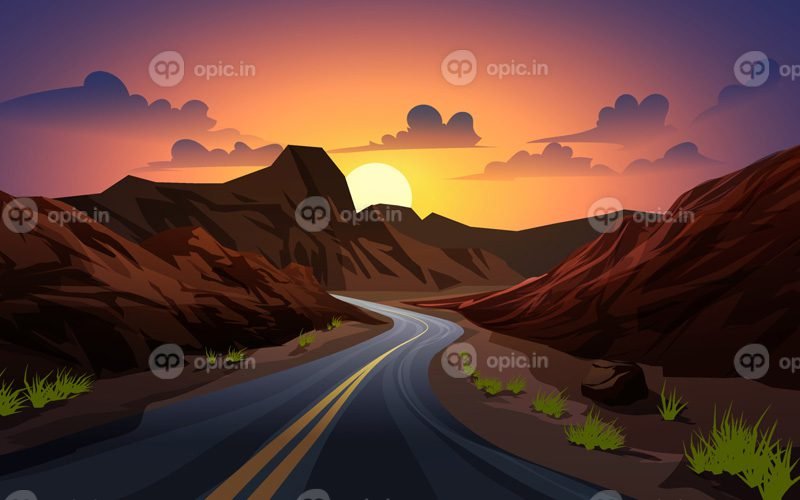 وکتور منظره غروب خورشید در بیابان با کوه و جاده منحنی