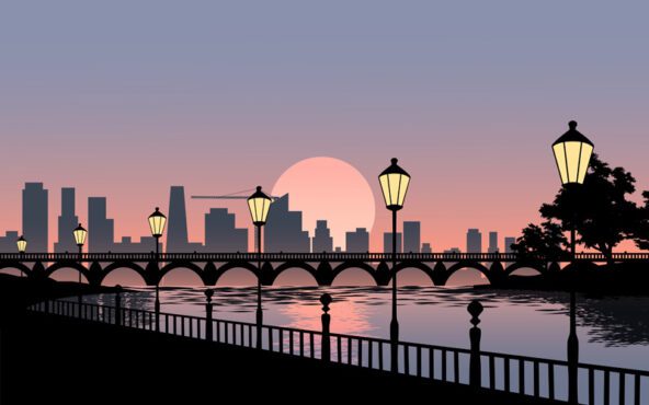 وکتور صحنه غروب خورشید در شهر با رودخانه و پل